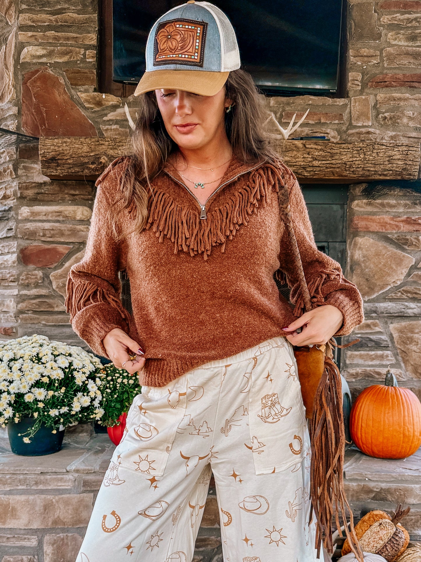 MISS ME: Rust Tassel Half Zip Sweater