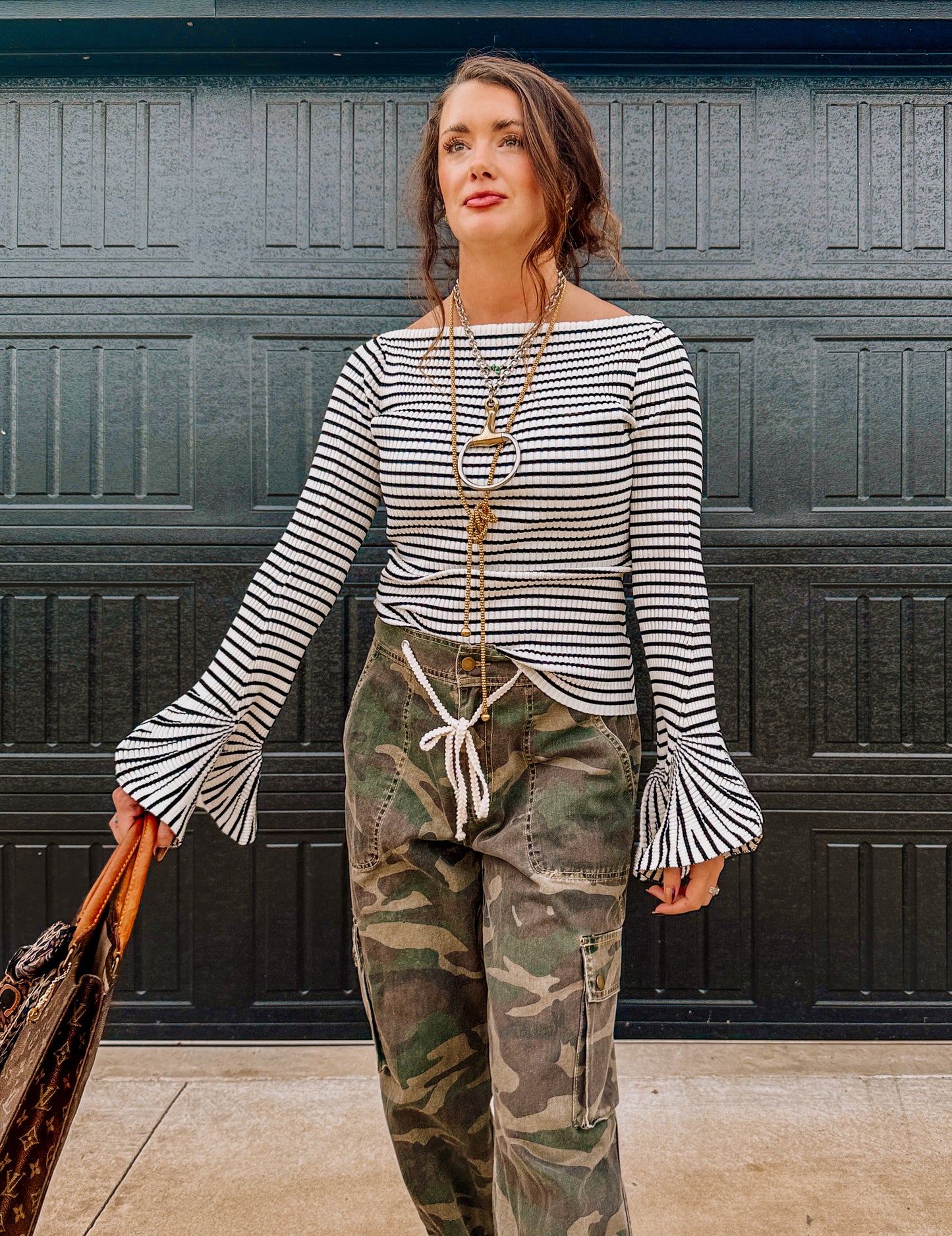 Striped Bell Sleeve off the shoulder top