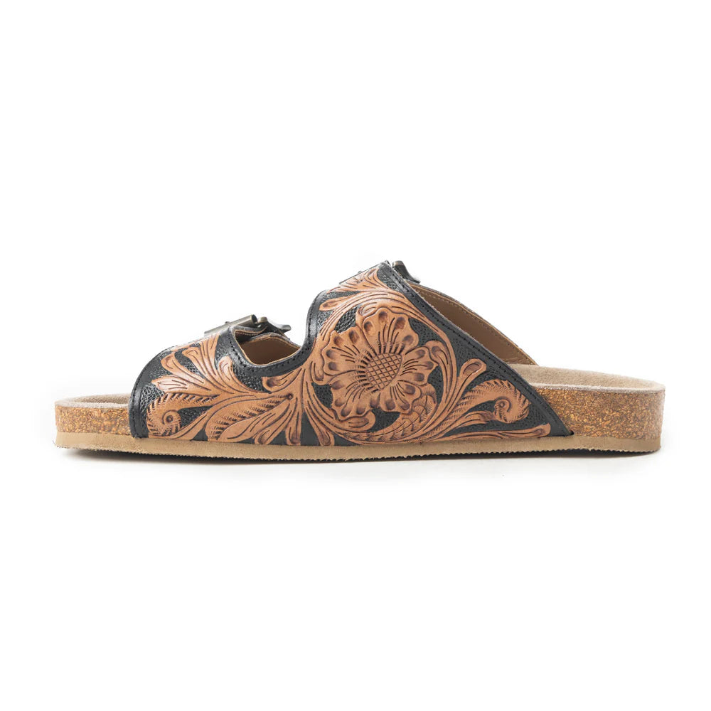 Black Floral Tooled Leather Sandals