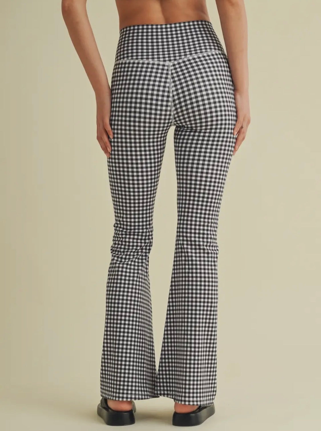 Gingham Print High Waisted Flare Leggings Black