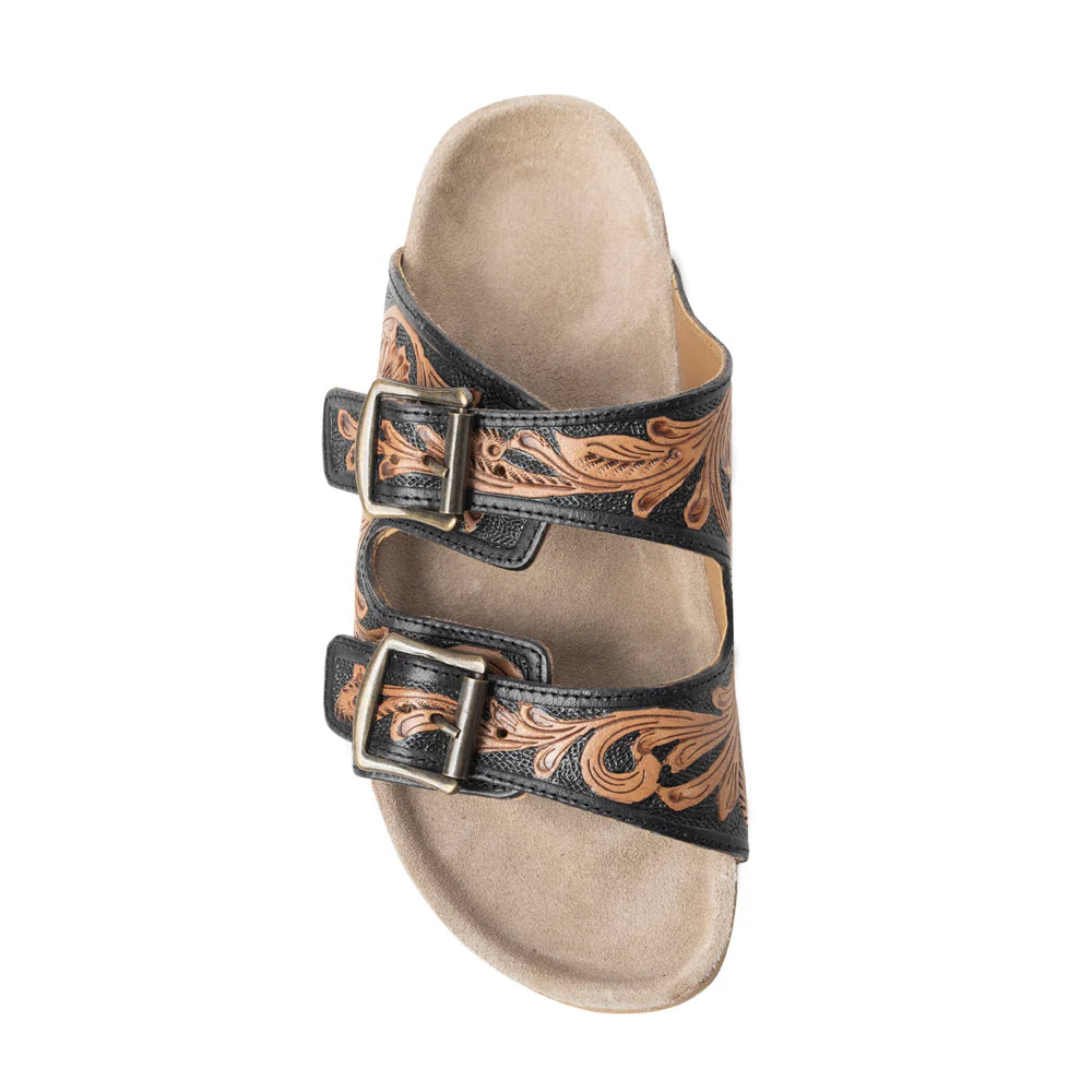 Black Floral Tooled Leather Sandals