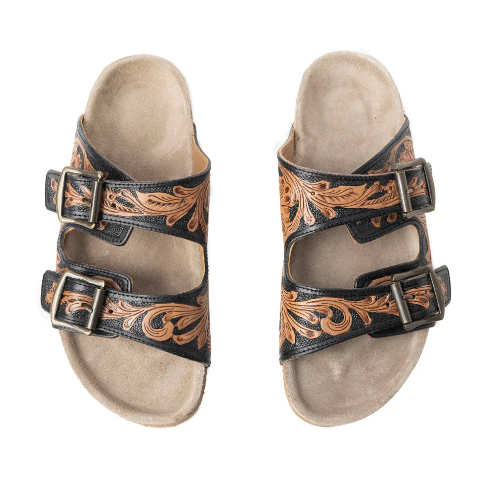 Black Floral Tooled Leather Sandals