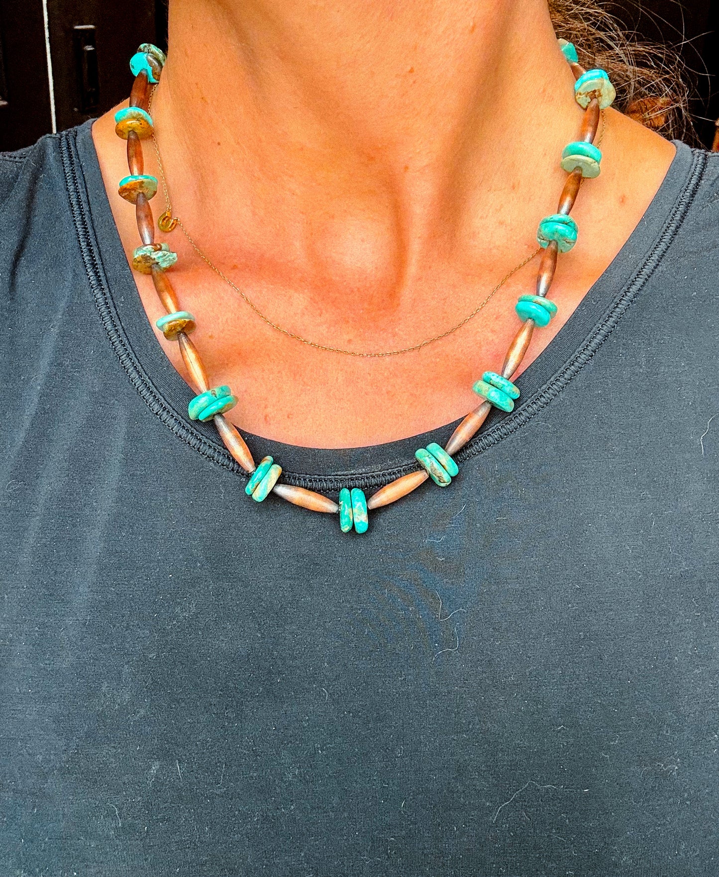 Elongated copper torpedo beads genuine turquoise necklace