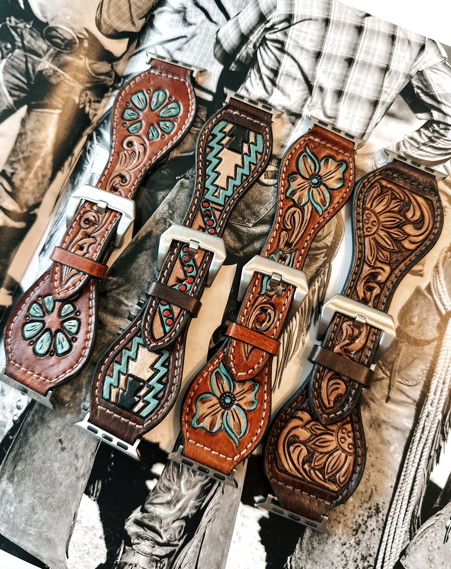 Aztec Tooled Leather Watch Band