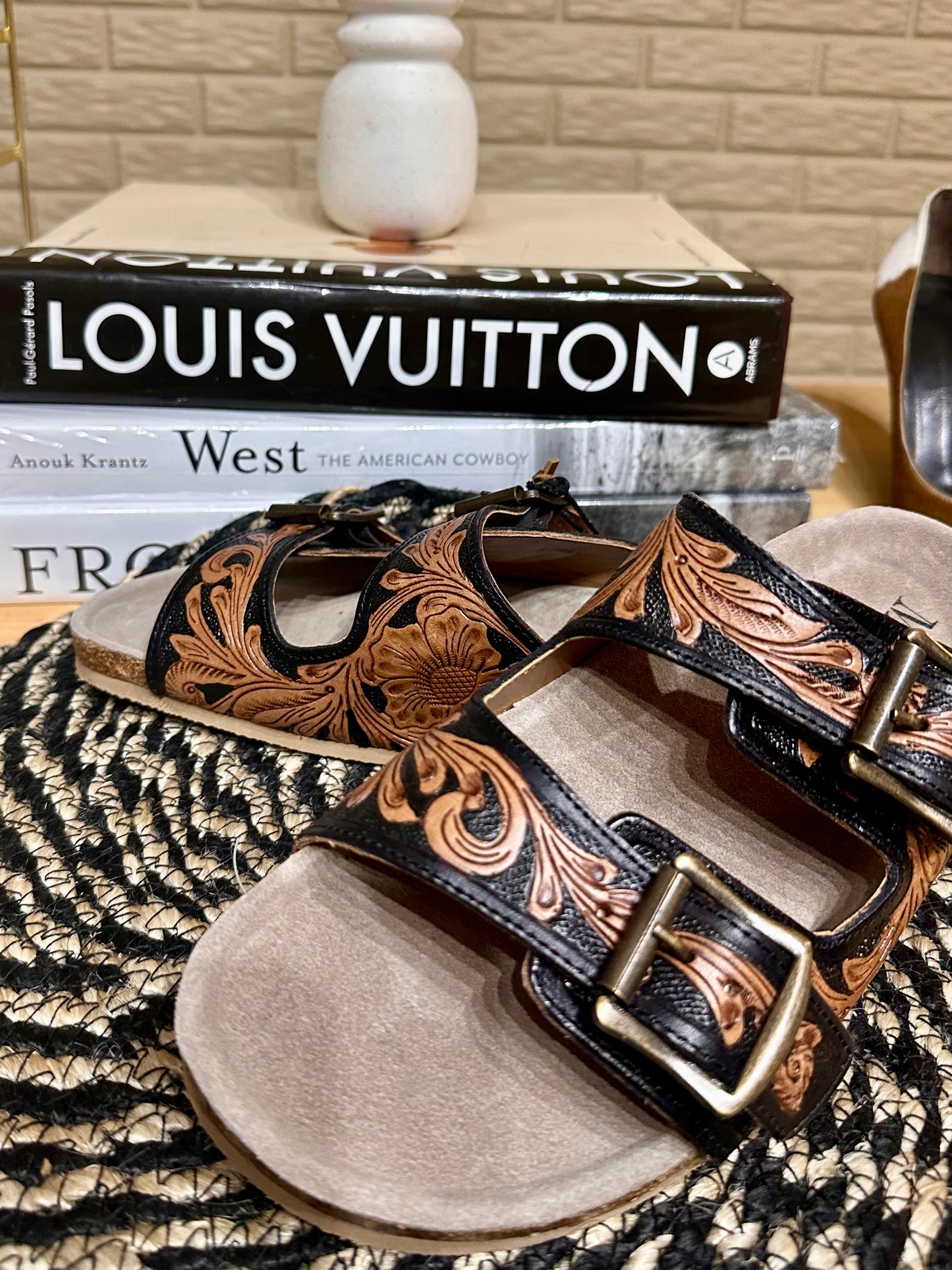 Black Floral Tooled Leather Sandals