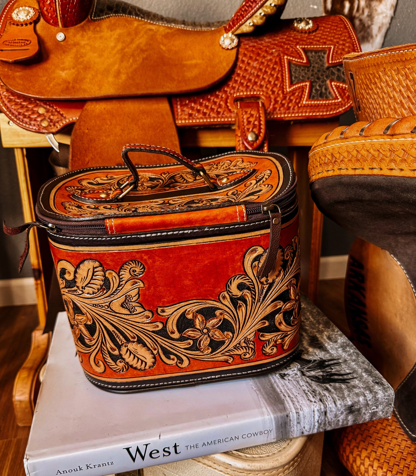 Rust Tooled Leather Train Case