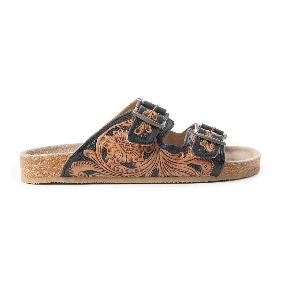 Black Floral Tooled Leather Sandals
