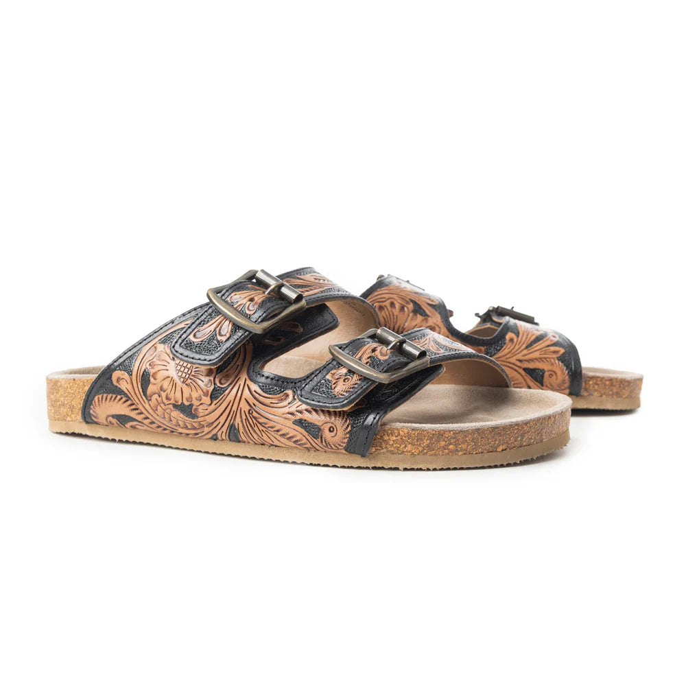 Black Floral Tooled Leather Sandals