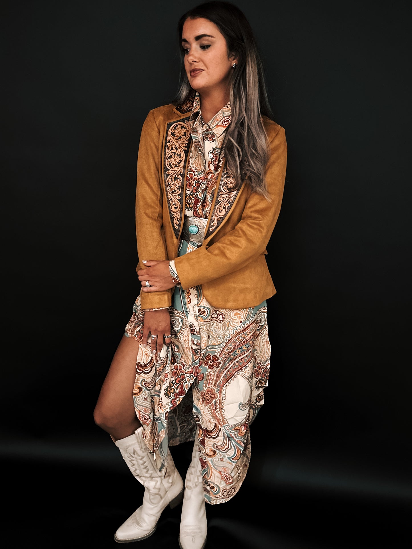 Camel Tooled Leather Blazer