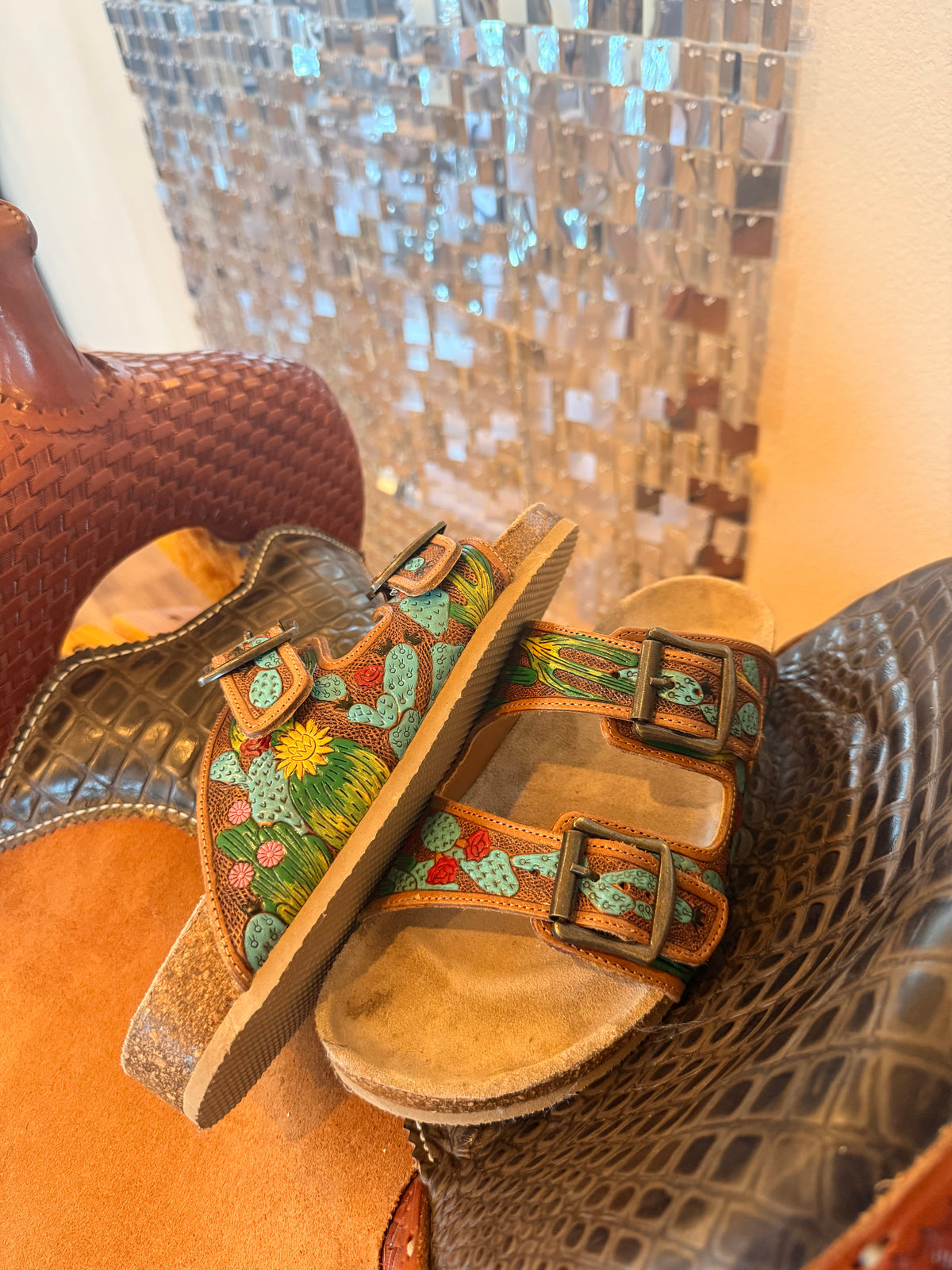 Tooled Leather Cactus Sandals — Size 8 (used in product photos