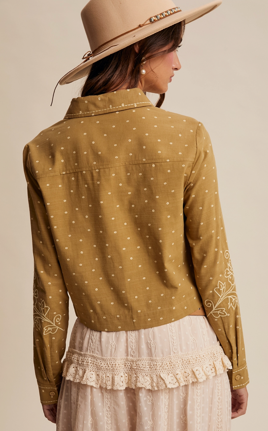 Camel embroidered button up