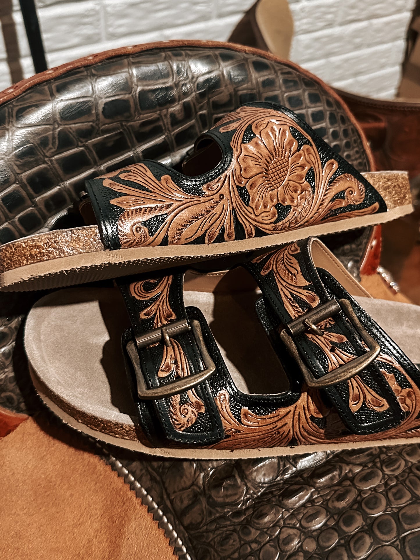 Black Floral Tooled Leather Sandals