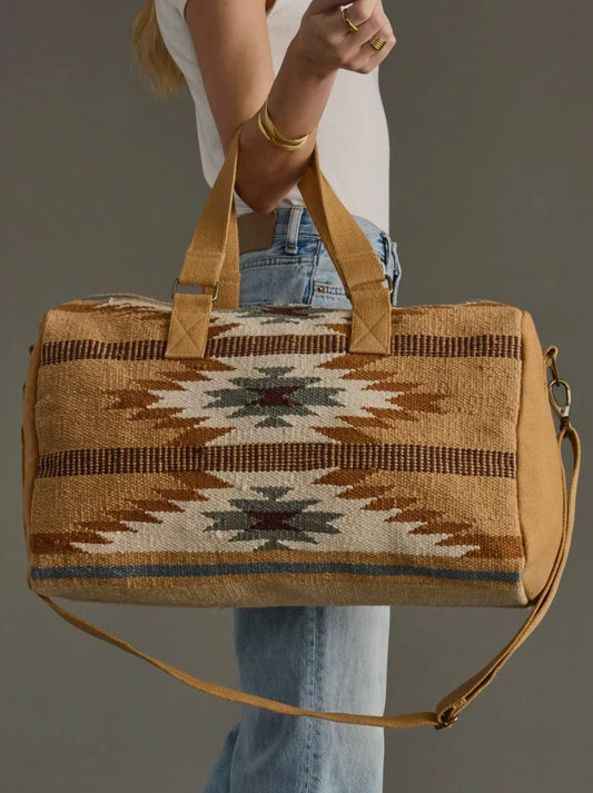 Tan, camel, teal & cream Aztec duffel