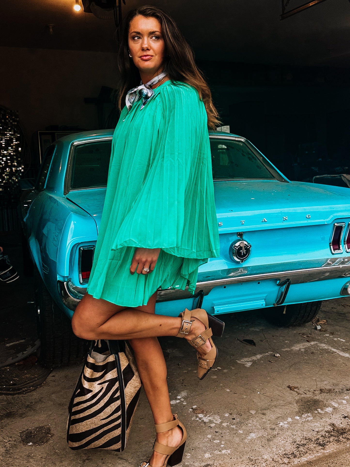 Pleated Chiffon Cape Shift
Mini Dress (Turquoise)