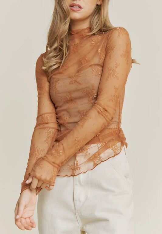 Rust Lace Mock Neck Top