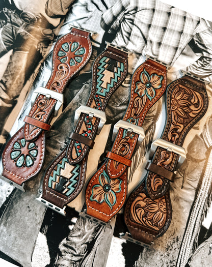 Natural Tooled Leather Watch Band
