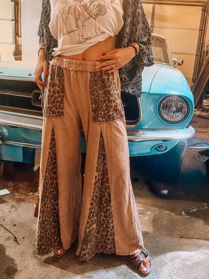 Mineral Washed Leopard Print Flare Pants
