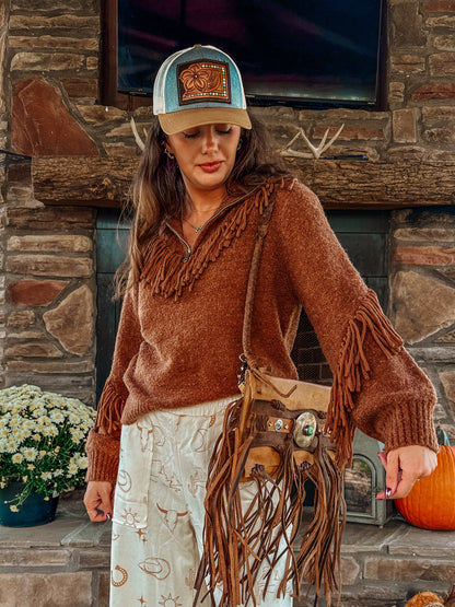 MISS ME: Rust Tassel Half Zip Sweater