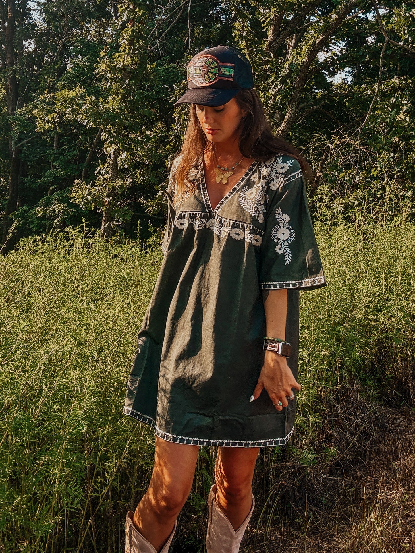 Embroidered Olive Shift Dress