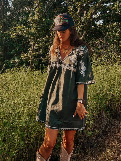 Embroidered Olive Shift Dress