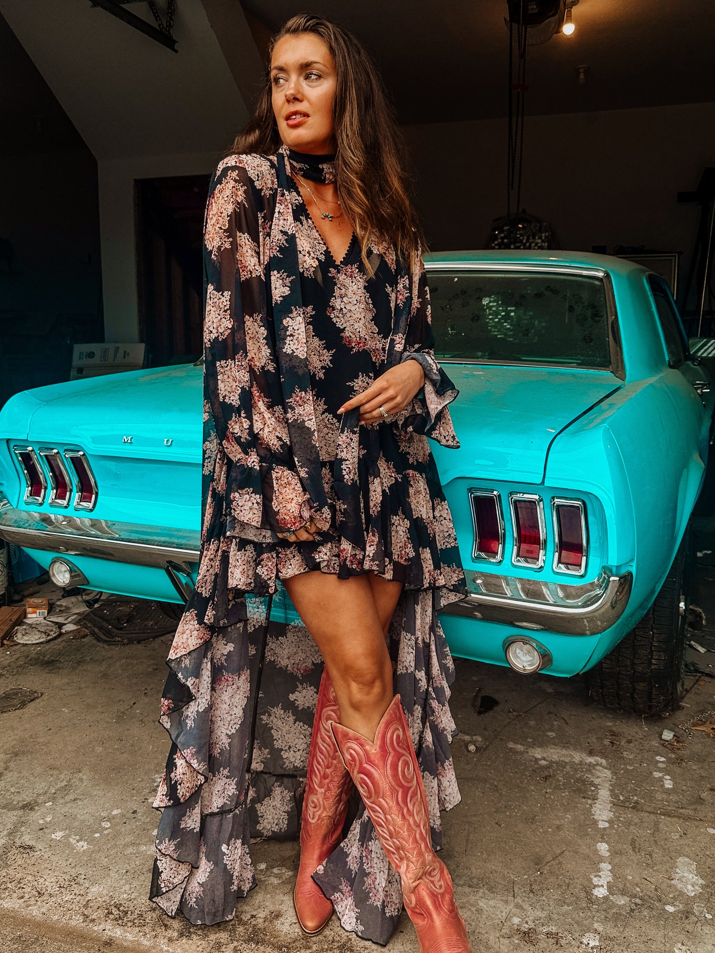 Floral Ruffle High-Low Dress with Scarf Tie