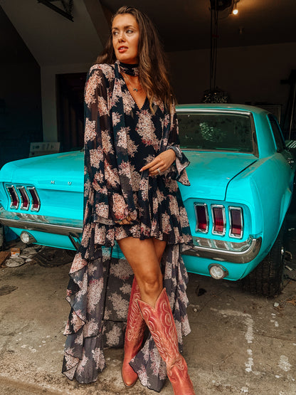 Floral Ruffle High-Low Dress with Scarf Tie