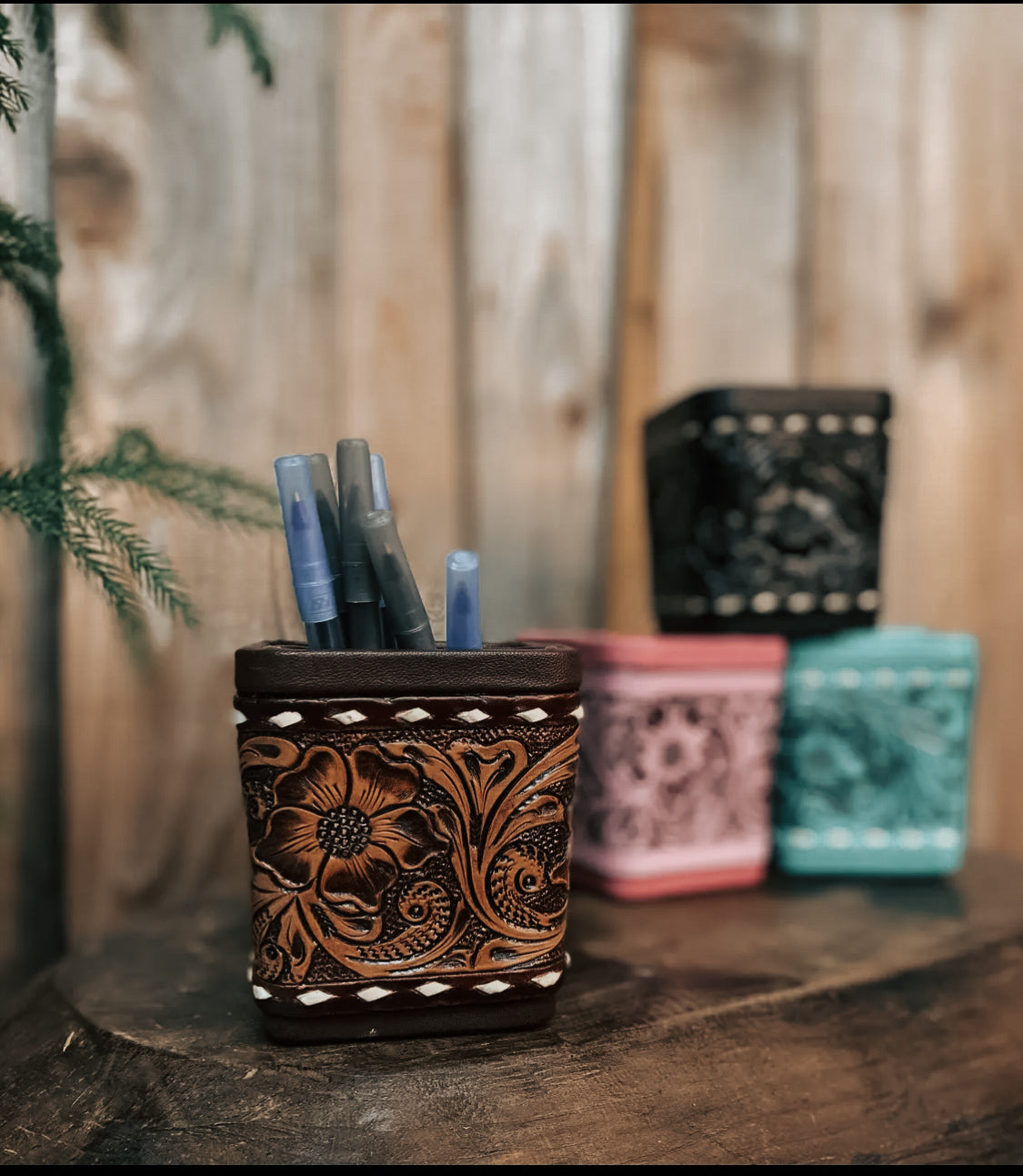 Tooled Leather Pencil Cup (Tan)