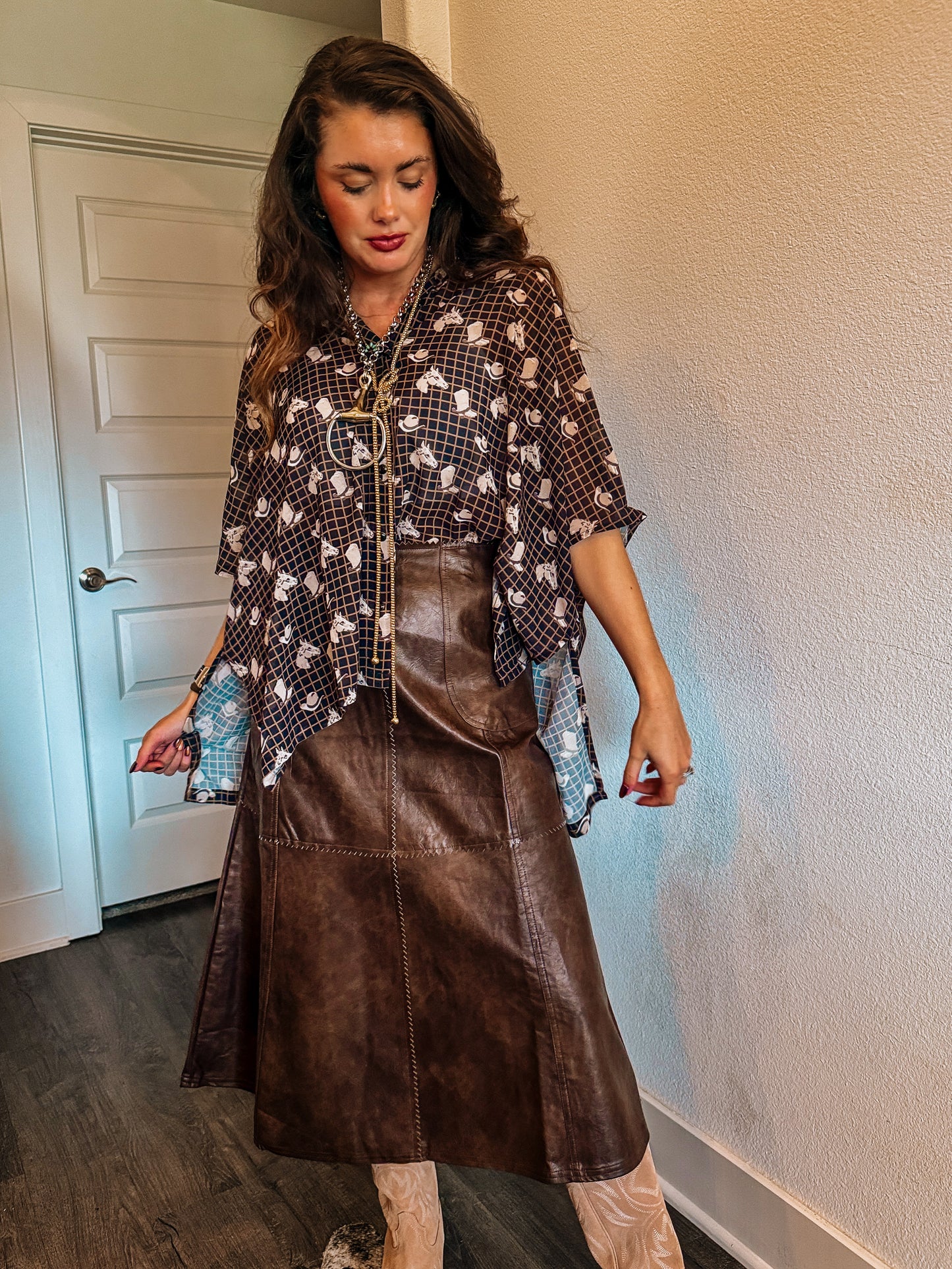 Washed Leather Midi Skirt