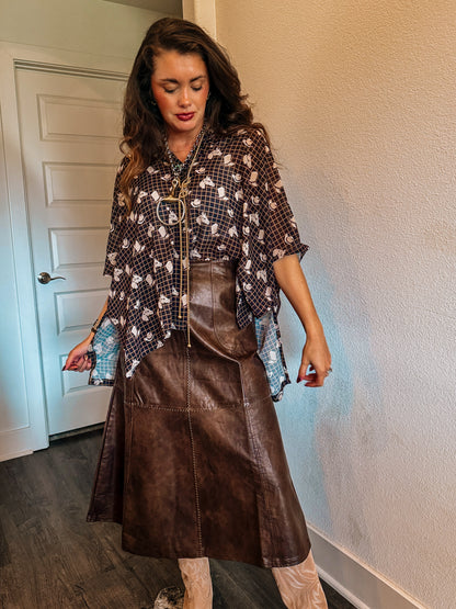 Washed Leather Midi Skirt