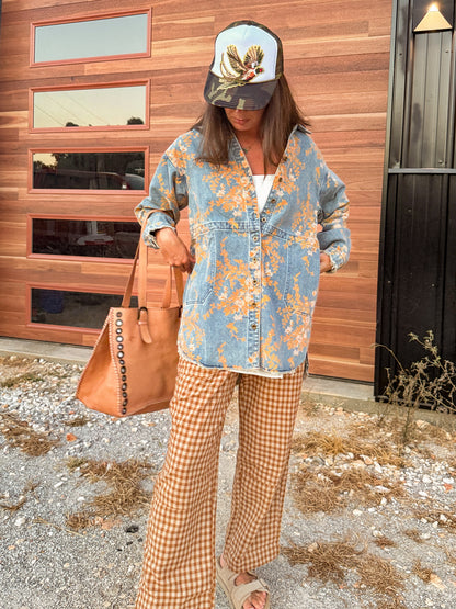 Floral denim BoHo shirt jacket ￼