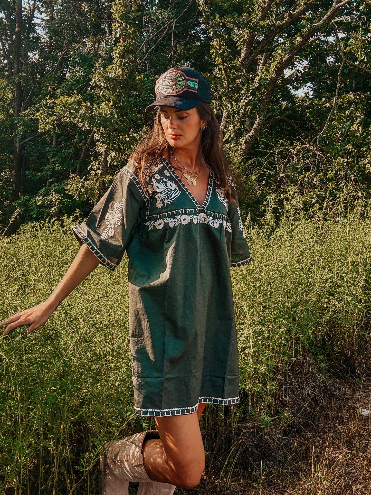 Embroidered Olive Shift Dress