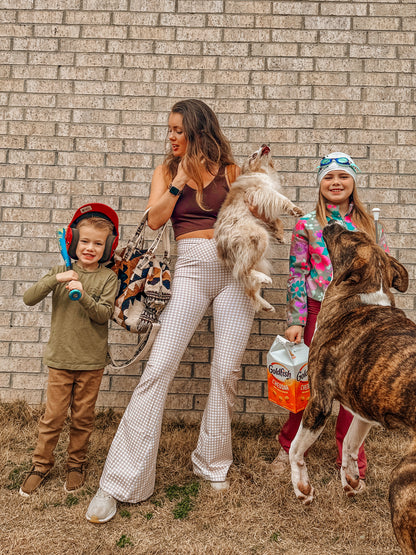 Gingham Print High Waisted Flare Leggings Beige ￼