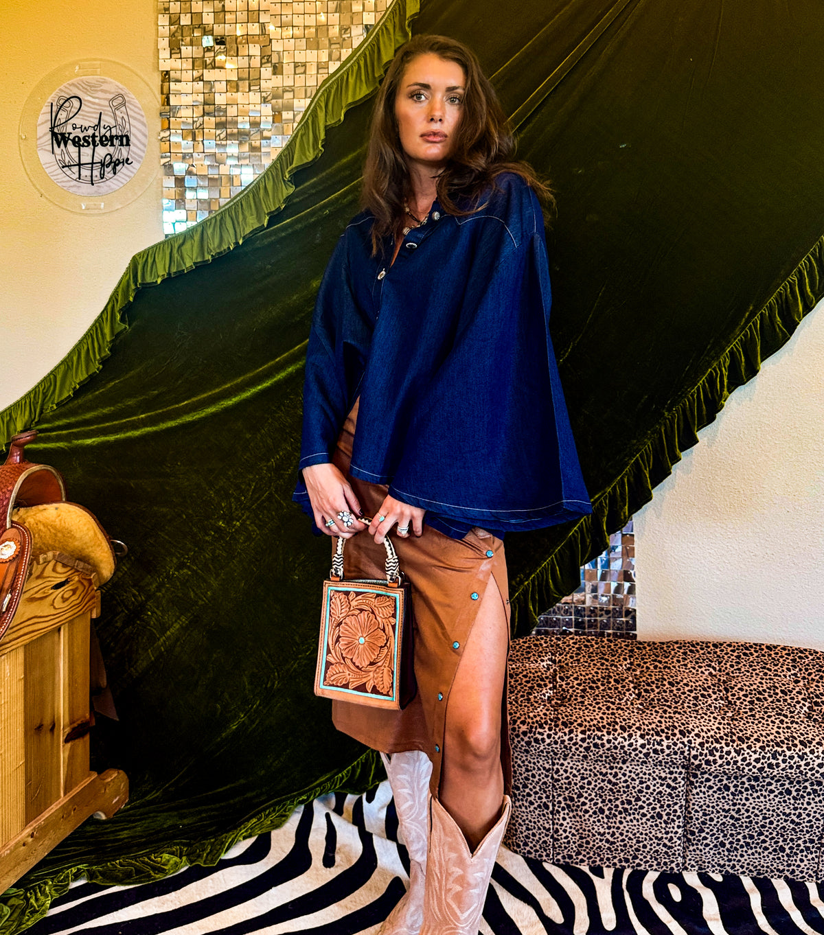 Saddle Leather Turquoise Stud Skirt