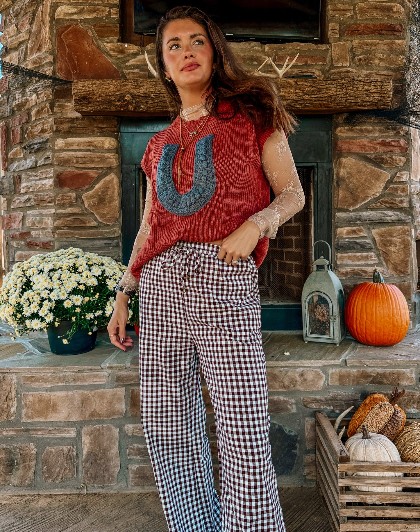 Gingham Brown Flare Pants￼