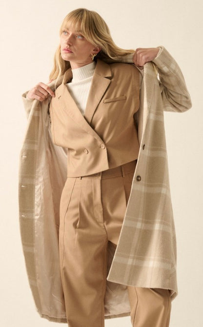 Cream Plaid Trench Coat