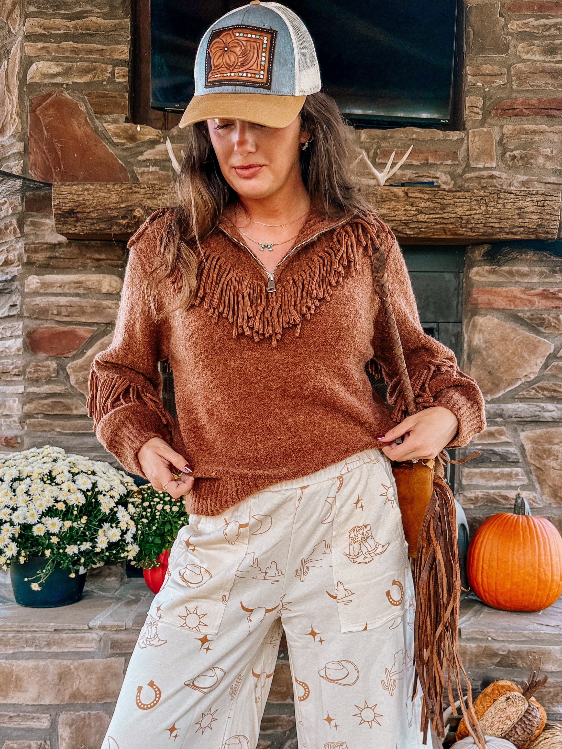 MISS ME: Rust Tassel Half Zip Sweater – Rowdy Western Hippie
