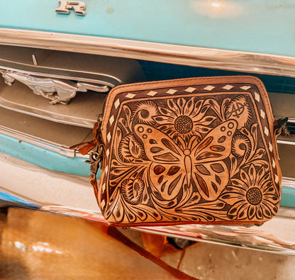 Tooled Leather Butterfly Crossbody