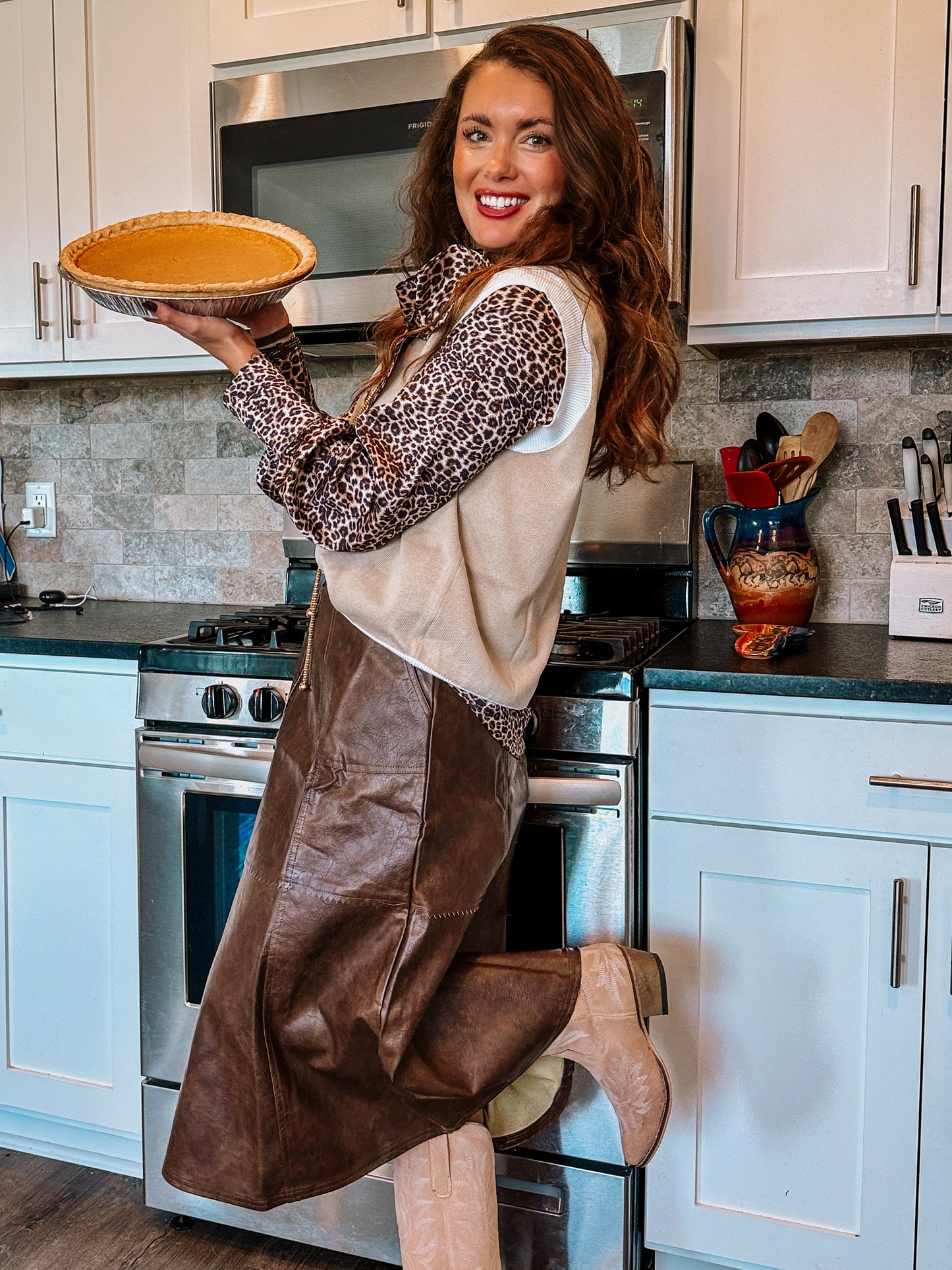 Washed Leather Midi Skirt