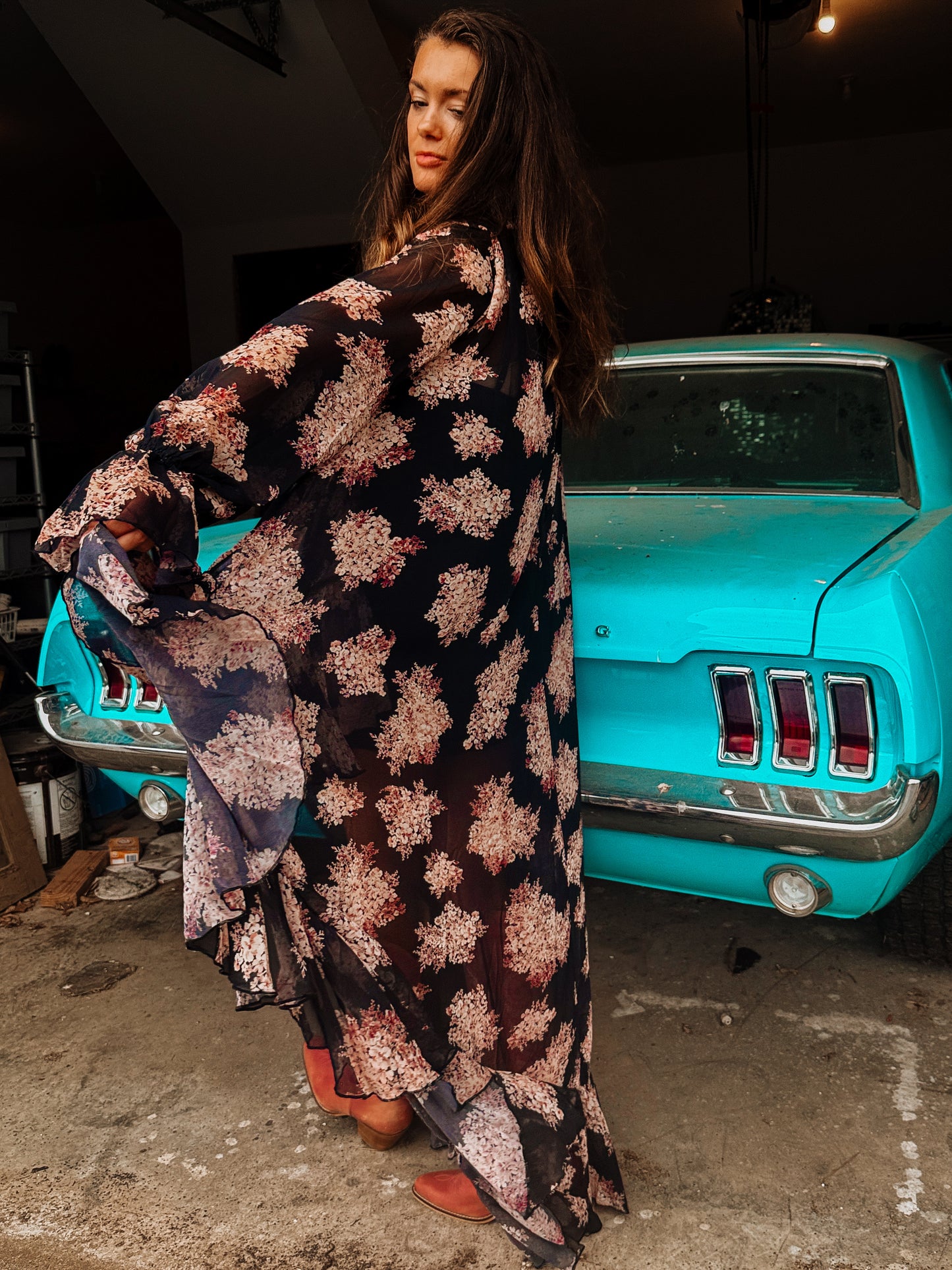 Floral Ruffle High-Low Dress with Scarf Tie