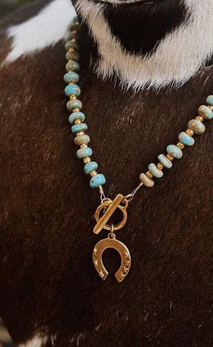 Turquoise Jade Bead Gold Horse Shoe Necklace