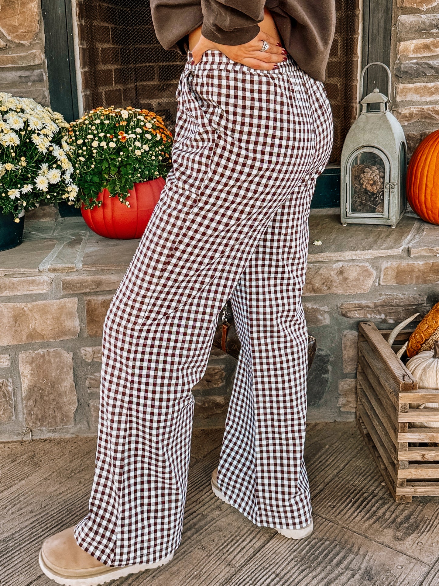 Gingham Brown Flare Pants￼