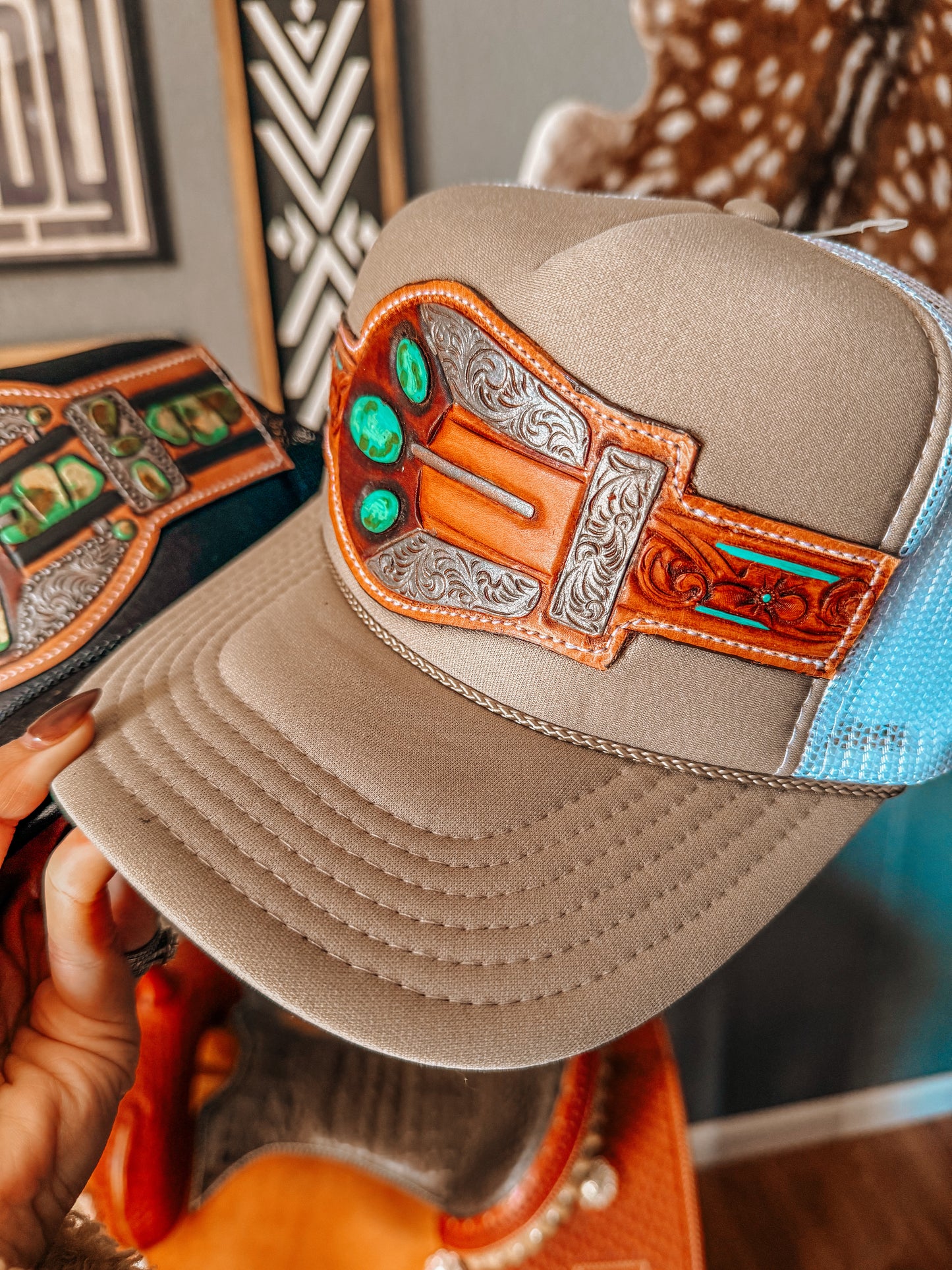 Buckle Tooled Leather Trucker Hat