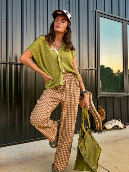 Brown Gingham Elastic Barrel Pants