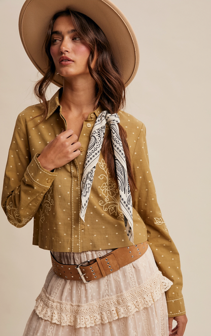 Camel embroidered button up