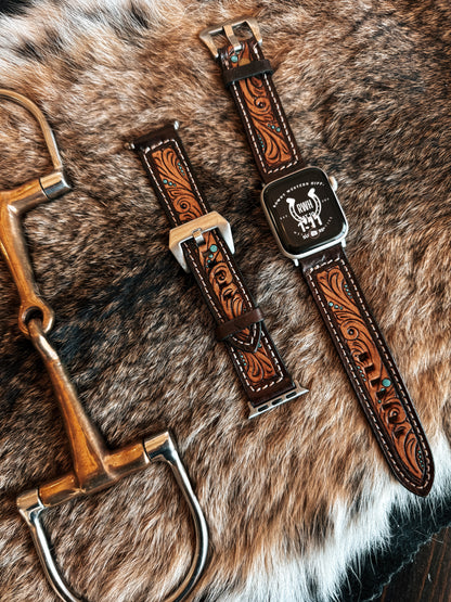 Turquoise Tooled Leather Watch Band