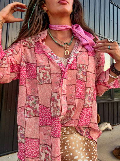 Pink Sheer Floral Patchwork button ￼