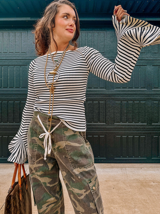 Striped Bell Sleeve off the shoulder top