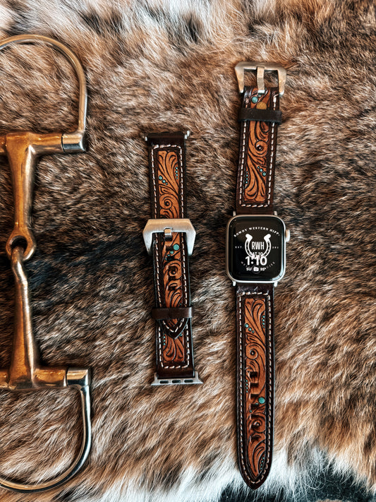 Turquoise Tooled Leather Watch Band