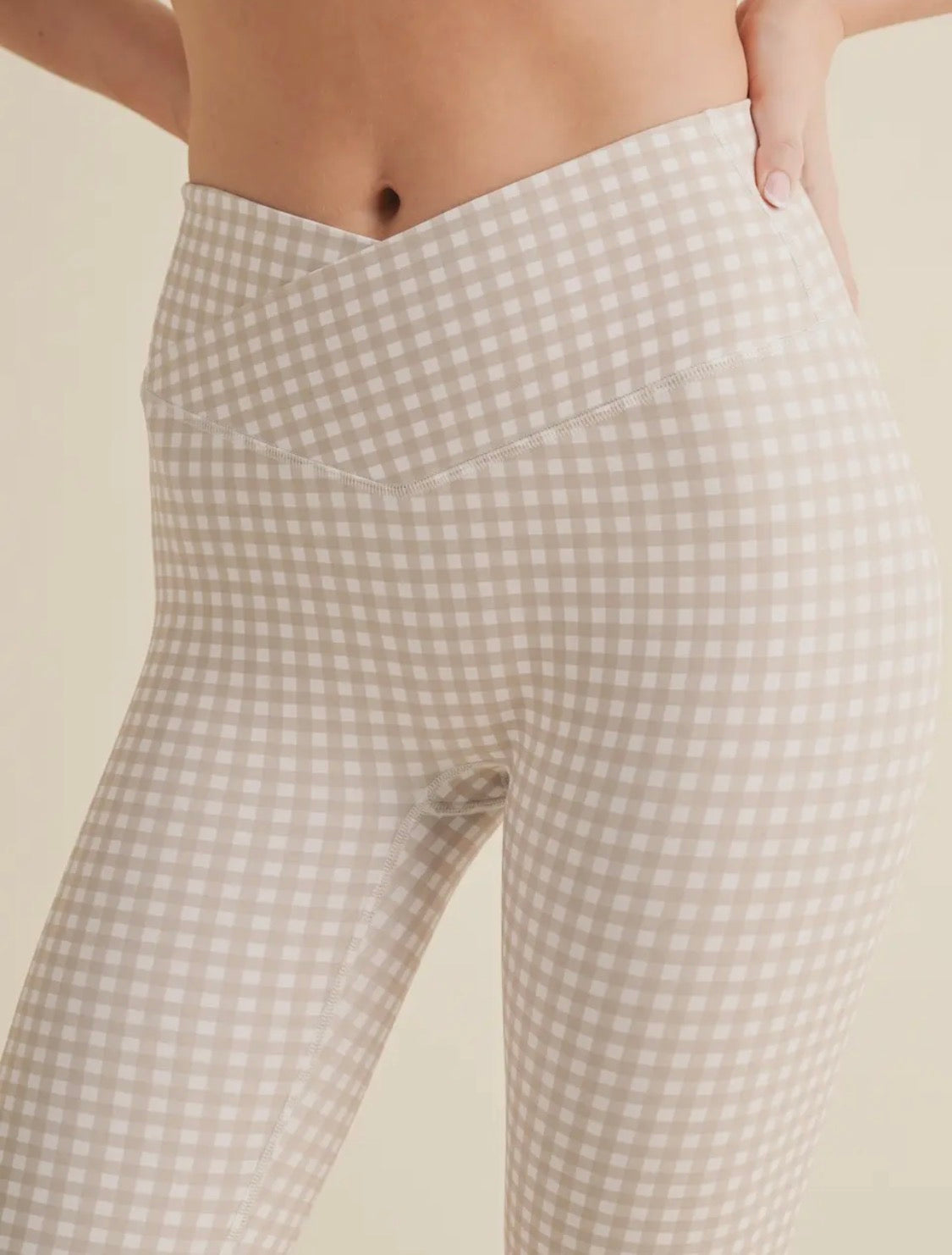 Gingham Print High Waisted Flare Leggings Beige ￼