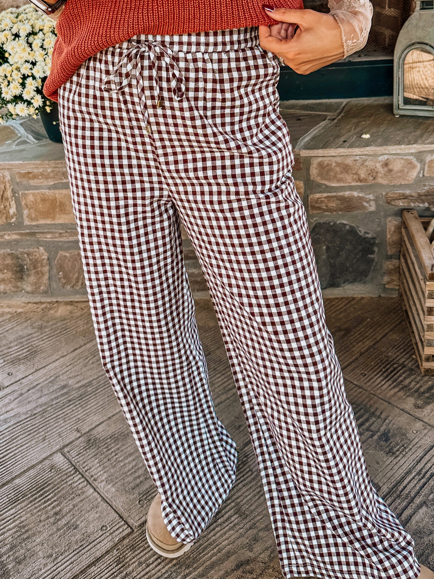 Gingham Brown Flare Pants￼